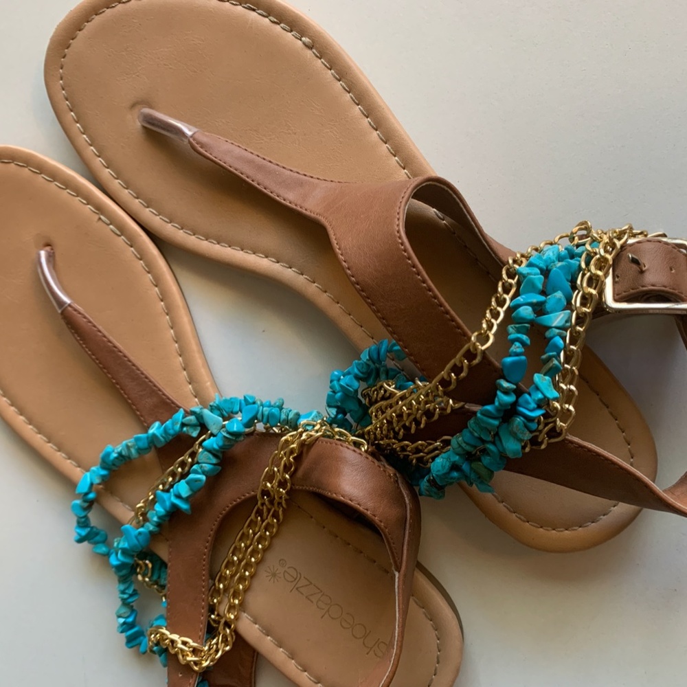 Boho Flat Sandals; faux leather turquoise beading with gold chain